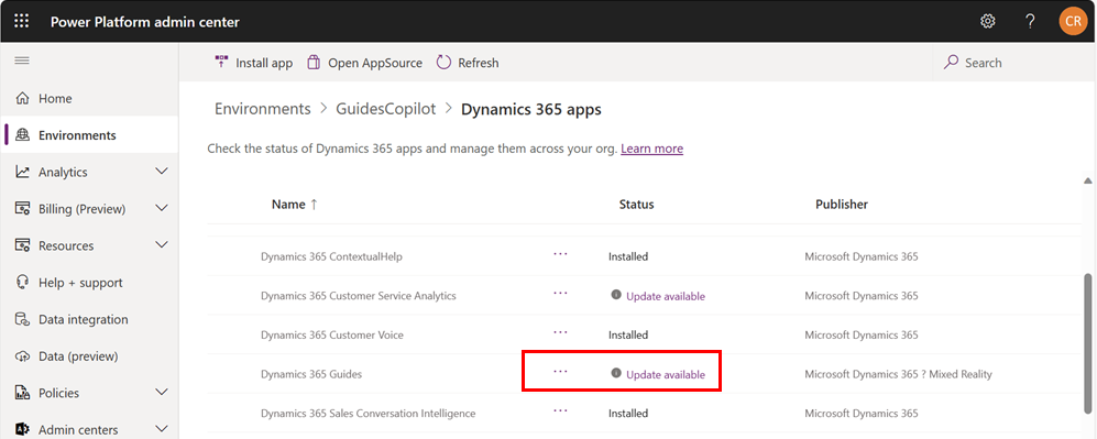 Power Platform-administratörscenter Guides-uppdatering tillgänglig.