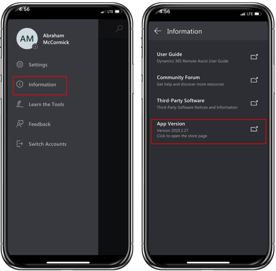 Skärmbild av Dynamics 365 Remote Assist på en mobil enhet med alternativet Information och appversion.