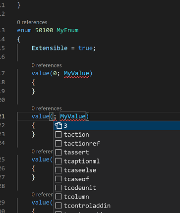 IntelliSense-förslag för uppräkningsordningsvärde