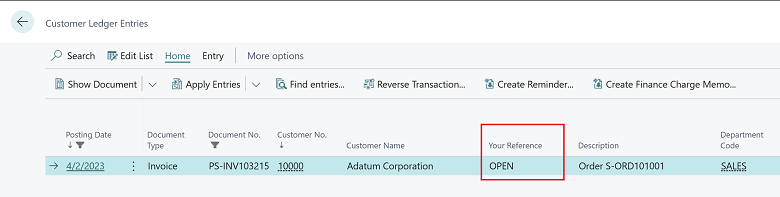 Visar fältet Din referens på sidan Kundreskontratransaktioner. 