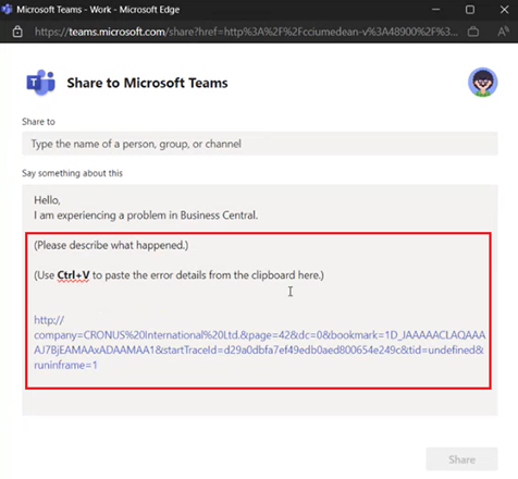 Visar Dela till Teams-fönstret med felinformation och aktuella sidlänkar markerade.