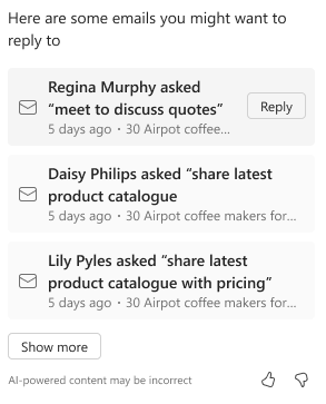 Skärmbild av en lista över obesvarade e-postmeddelanden i chattfönstret i Copilot.