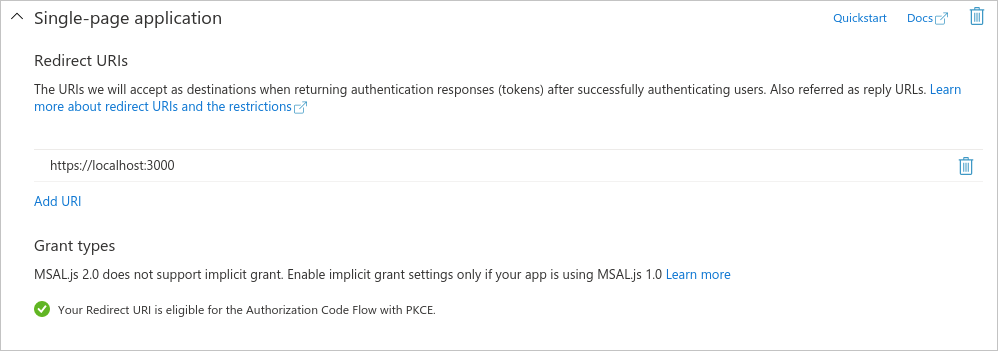 Panel för ensidesprogram i appregistrering i Azure Portal