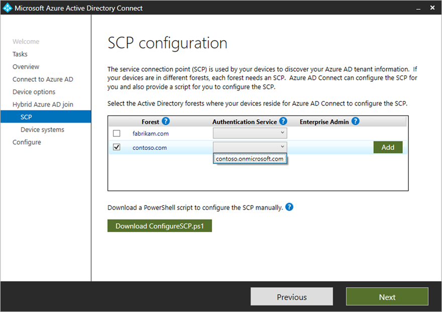 En skärmbild som visar Microsoft Entra Connect och alternativ till för SCP-konfiguration i en hanterad domän.