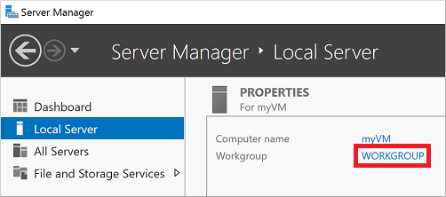 Öppna Serverhanteraren på den virtuella datorn och redigera egenskapen workgroup