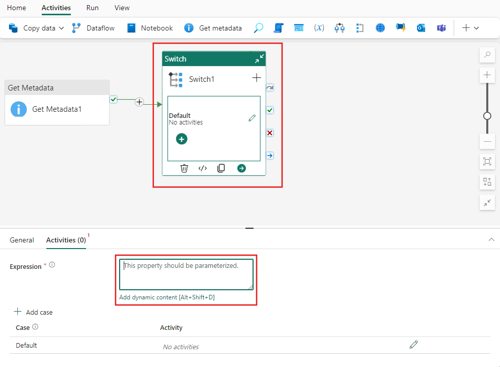 Skärmbild som visar en Get Metadata-aktivitet som används i en Switch-aktivitet för att tillhandahålla ett dynamiskt uttryck.