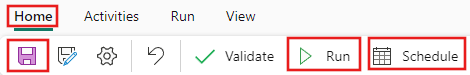 Skärmbild som visar fliken Start i pipelineredigeraren med knapparna Spara, Kör och Schema markerat.