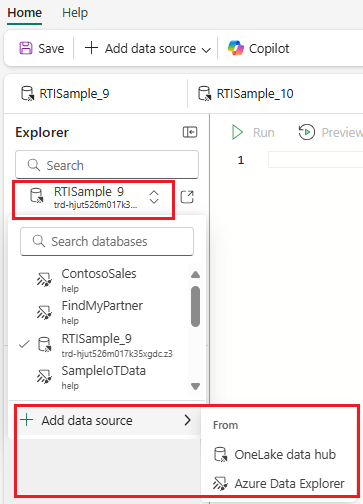 Skärmbild av datakällans meny som visar en lista över anslutna datakällor.