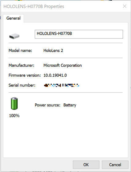 En HoloLens 2-egenskapsskärm visar batteriväxlingsnivån.