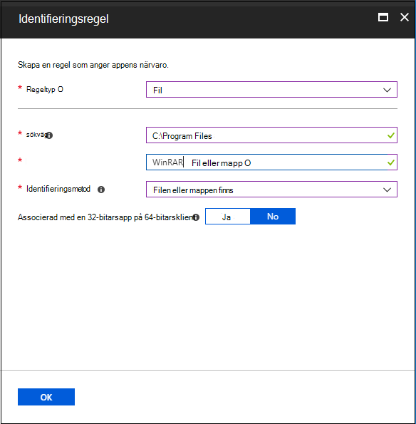 Skärmbild av fönstret för identifieringsregel – mappen finns.