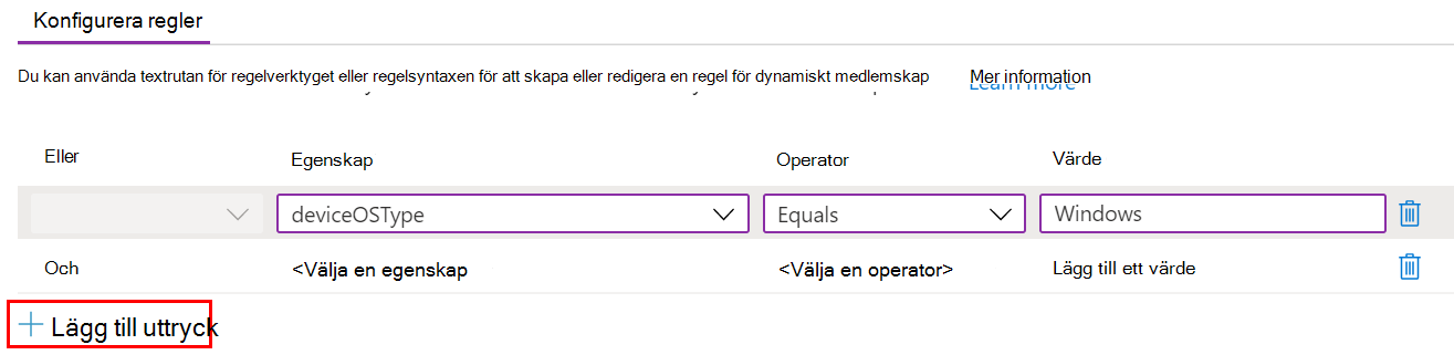 Skärmbild som visar hur du skapar en dynamisk fråga och lägger till uttryck i en Microsoft Intune administrativ mall.