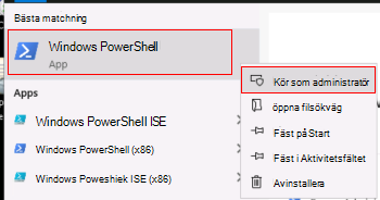 Skärmbild som visar hur du kör Windows PowerShell som administratör.