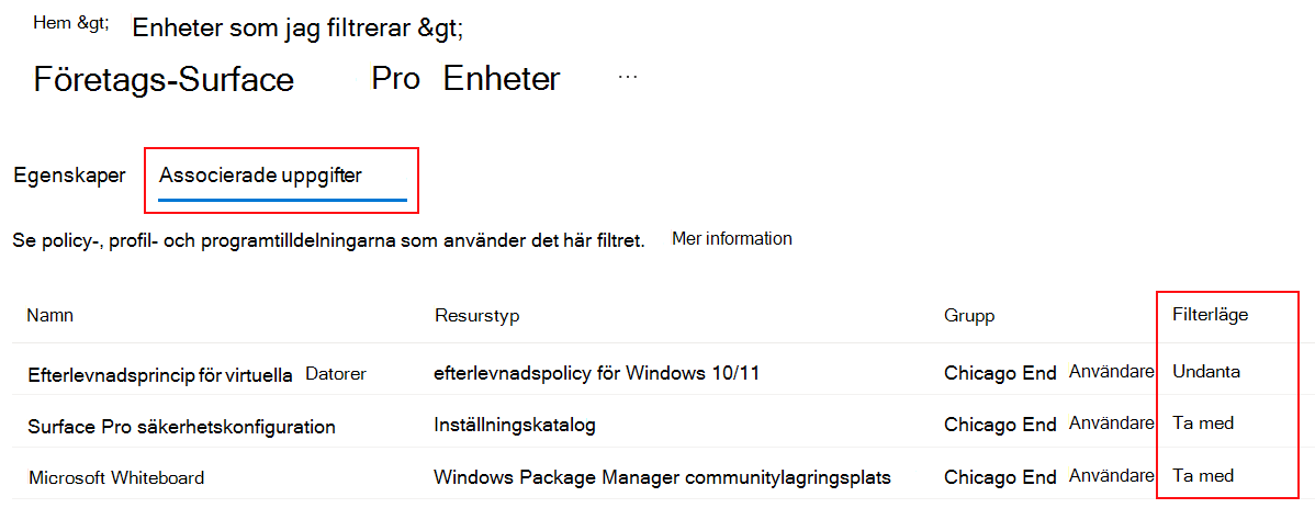 Skärmbild som visar associerade tilldelningsflikar för ett befintligt filter i Microsoft Intune.