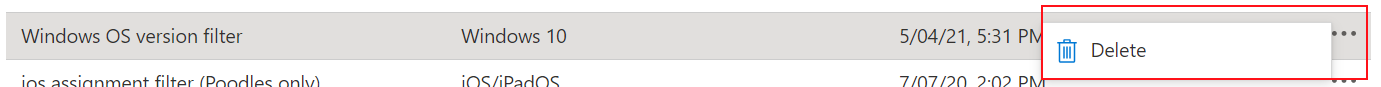 Skärmbild som visar hur du tar bort ett filter i Microsoft Intune.
