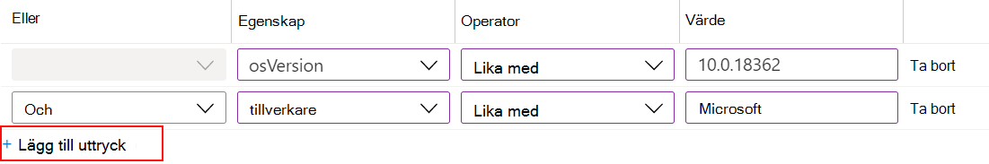 Skärmbild som visar hur du använder regelverktyget i Microsoft Intune för att skapa ett uttrycksfilter och tilldela till dina principer.