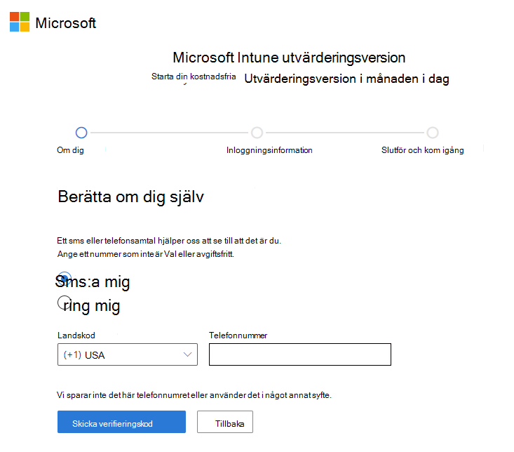 Skärmbild av sidan Microsoft Intune konfigurera konto – Skicka verifieringskod