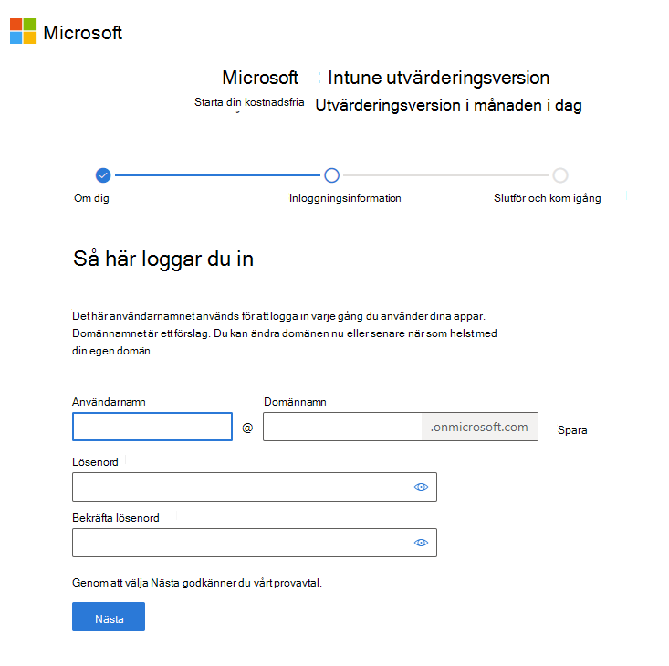 Skärmbild av Microsoft Intune konfigurera kontosida – Logga in