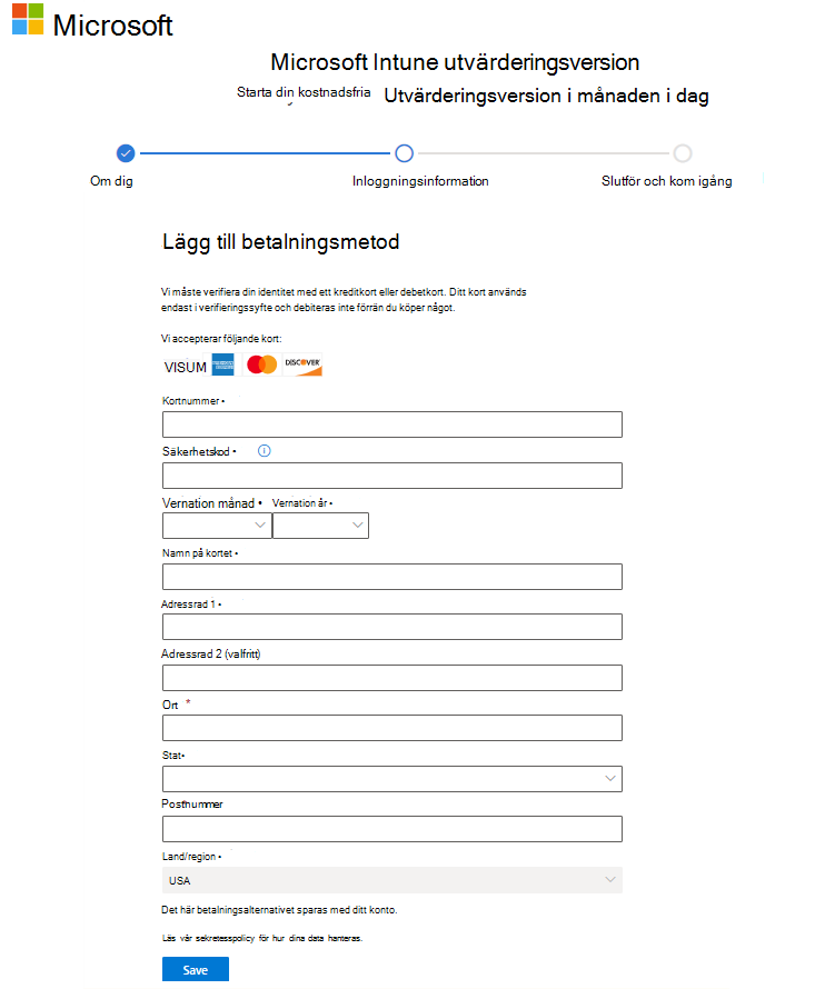Skärmbild av Microsoft Intune konfigurera kontosida – Lägg till betalningsmetod
