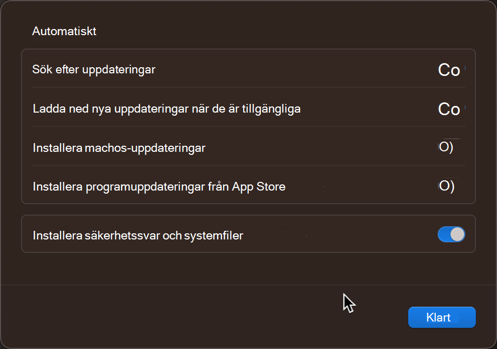 Operativsystemets standardinställningar för uppdatering och kontroller på en MacOS Apple-enhet.