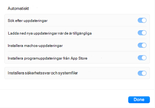 Programuppdateringsinställningarna är nedtonade när Intune-inställningskatalogens uppdateringsprincip gäller för en macOS Apple-enhet.