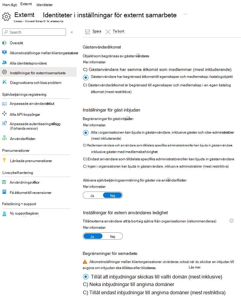 Skärmbild av sidan Inställningar för externa ID-organisationsrelationer i Microsoft Entra.