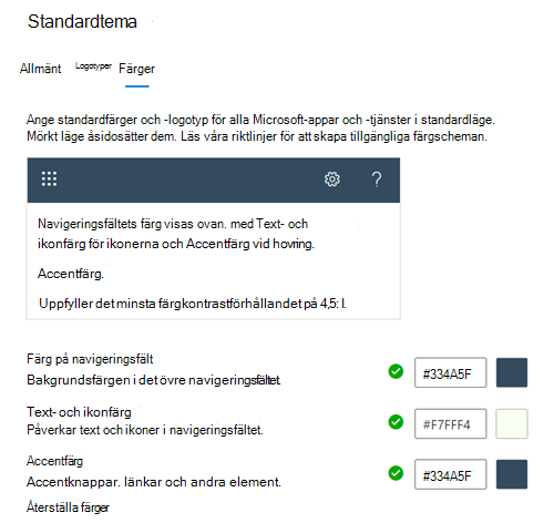 Skärmbild: Fliken Färger som visar standardtemafärger för din organisation