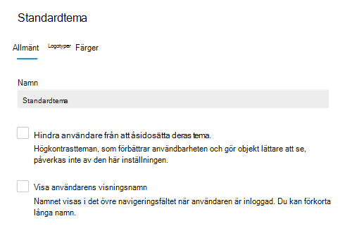 Skärmbild: Fliken Allmänt som visar standardtemat för din organisation