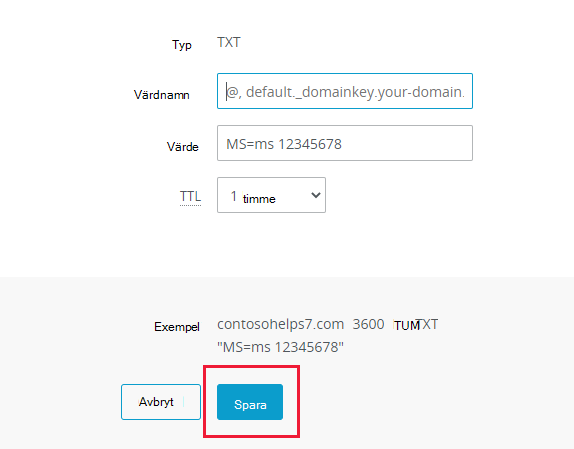 Skärmbild av var du väljer Spara för att lägga till en TXT-verifieringspost.