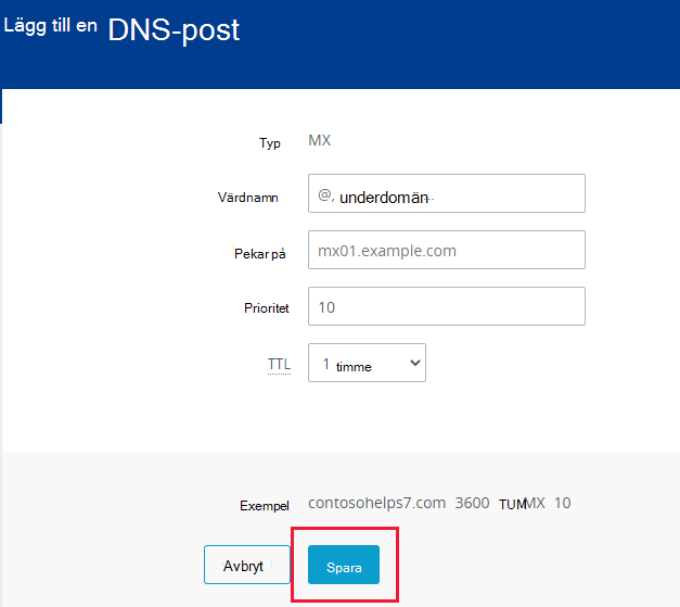 Skärmbild av var du väljer Spara för att lägga till en MX-post.