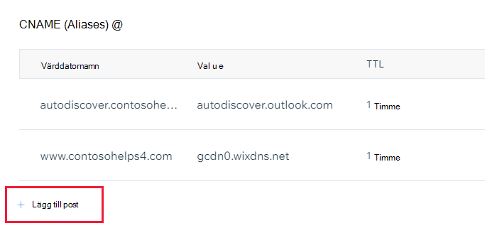 Skärmbild av var du väljer Lägg till en post för att lägga till en CNAME-post.