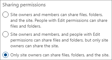 Skärmbild av inställningar för delningsbehörigheter på en SharePoint-webbplats inställd på endast ägare.