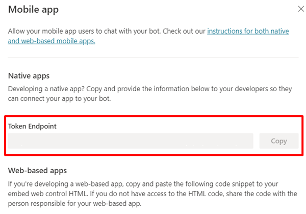 Skärmbild på kopiera tokenslutpunkt URL i Copilot Studio.
