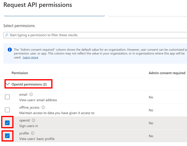 Skärmbild med OpenId-behörigheter, openid och profilmarkerad.