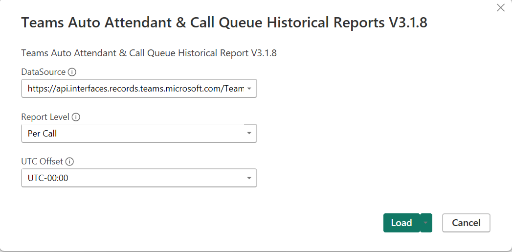 Screenshot showing the DataSource, Report Level, and UTC Offset selections.