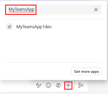 Screenshot shows an example of message extension flyout menu invoked from the Plus icon and MyTeamsApp entered in the search filed. The app is displayed in the search results.