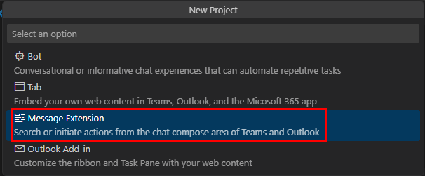 Screenshot shows the message extension option in Teams Toolkit.