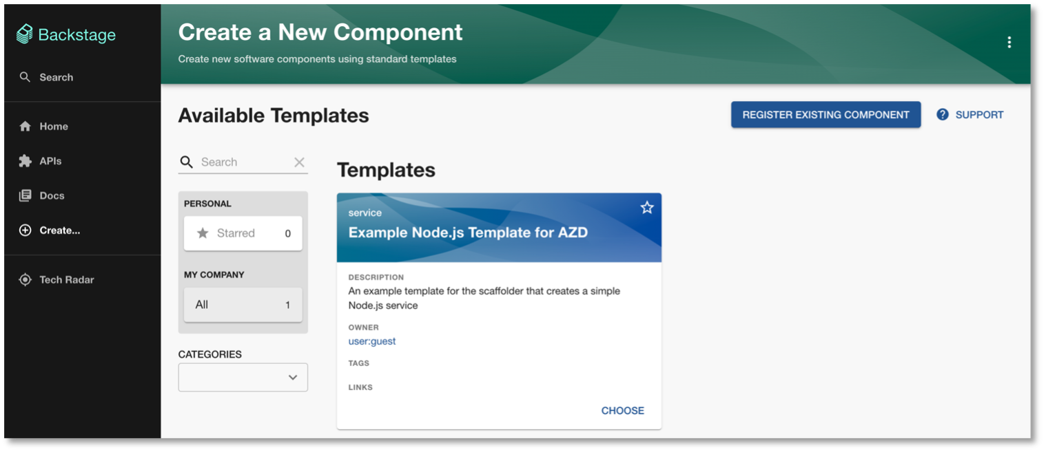 Skärmbild av att välja en komponent med Backstage.io.