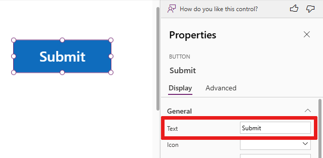 Skärmbild som visar hur du ändrar visningstexten på en knappkontroll via fönstret Egenskaper.