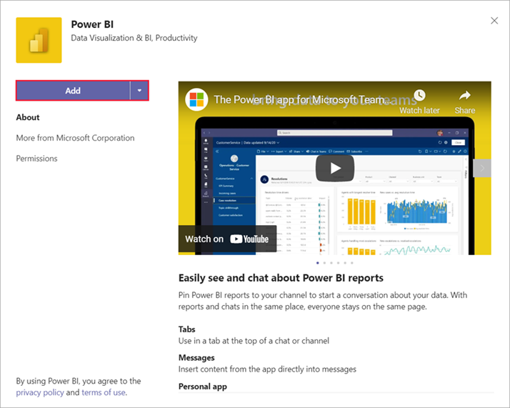 Skärmbild av sidan Teams som visar Power BI-ikonen och självstudievideon för Power BI. Knappen Lägg till är markerad.