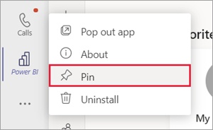 Skärmbild av teams navigeringsfönster. Power BI-ikonen högerklickas och pin-alternativet är markerat.