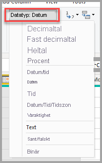 Screenshot of the Power Query Editor, showing the Data type dropdown selection.