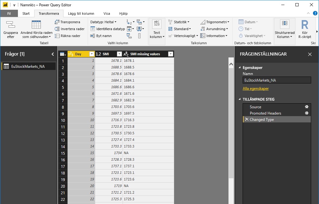 Screenshot of the Transform tab, showing rows of data.