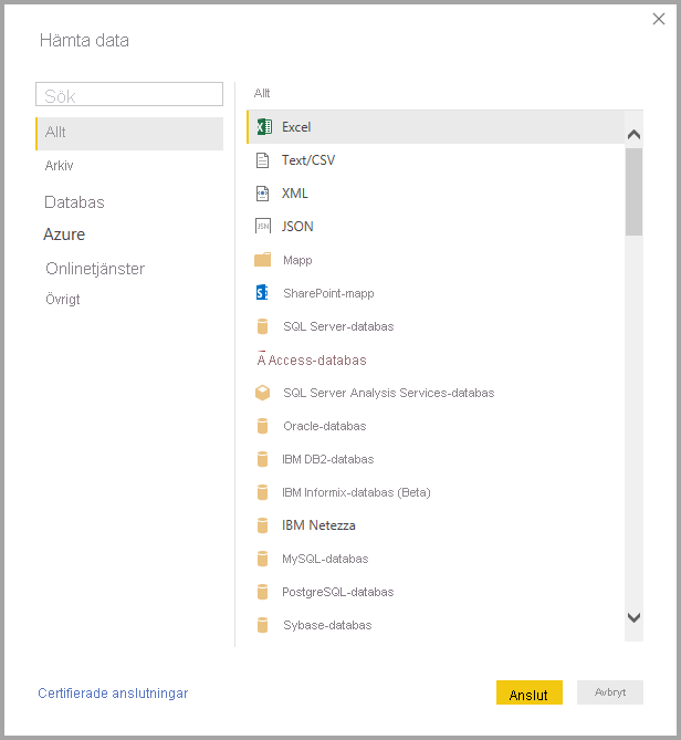 Screenshot shows the Get Data dialog with All and Excel selected.