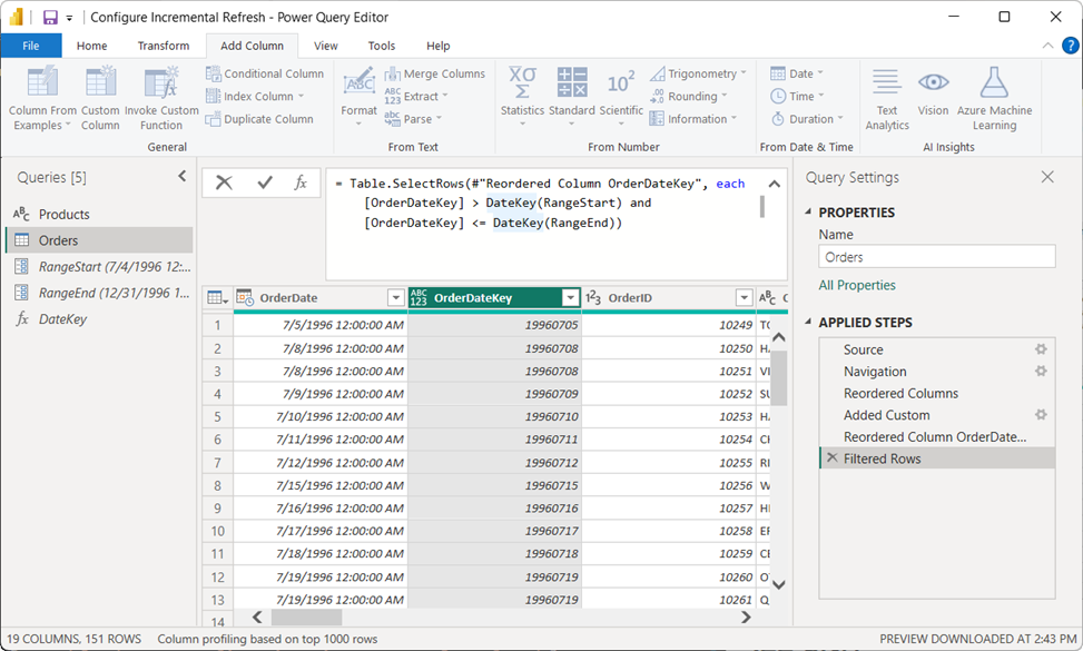 Power BI-tabell som visar en frågeformel som ändrats för att använda paramaeter för RangeStart och RangeEnd.