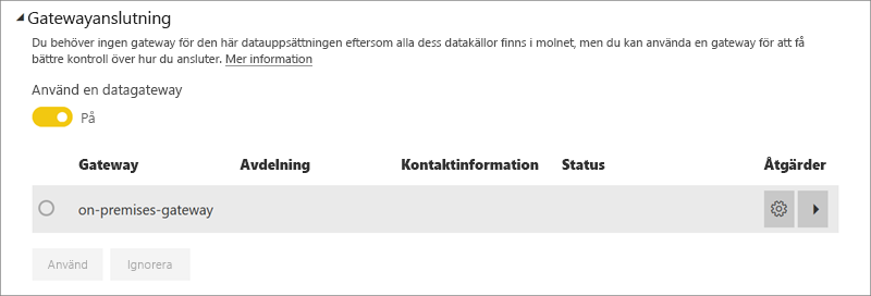 Skärmbild av Power BI-tjänst gatewayanslutningsdialogruta.