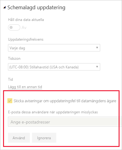 Skärmbild av avsnittet i de semantiska modellinställningarna för att ändra meddelanden om e-postuppdatering i Power BI.