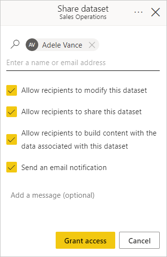 Screenshot of the Share semantic model dialog.