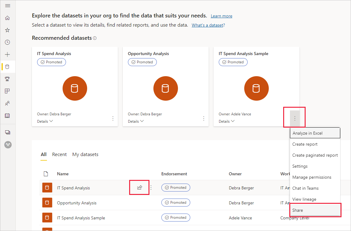 Screenshot of data item share option on the data hub.