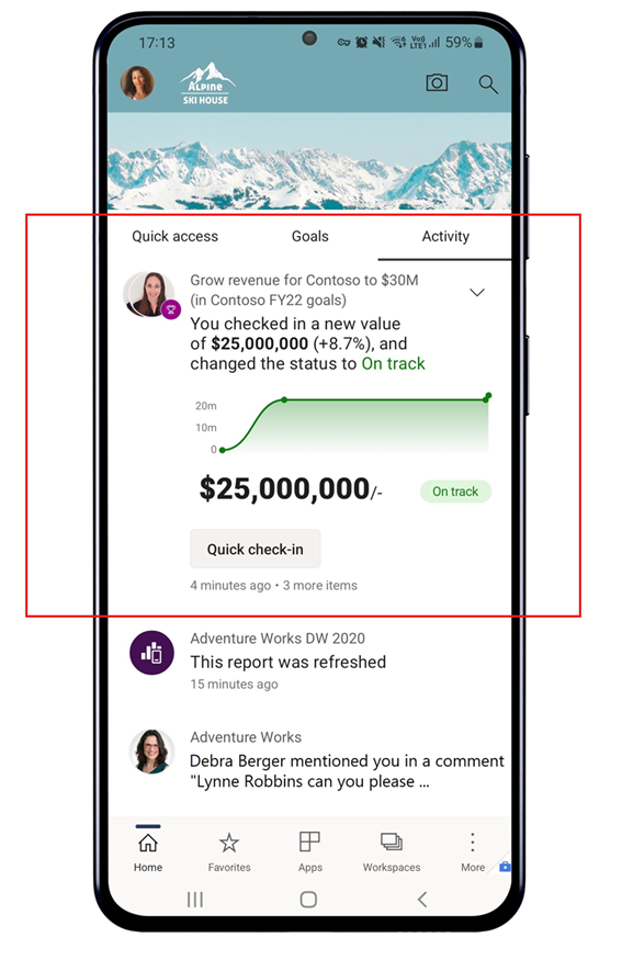 Skärmbild av måluppdatering i aktivitetsfeed.