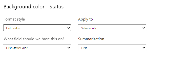 Dialogruta med bakgrundsfärg för statusfält: Listrutan Formatformat är inställd på Fältvärde.